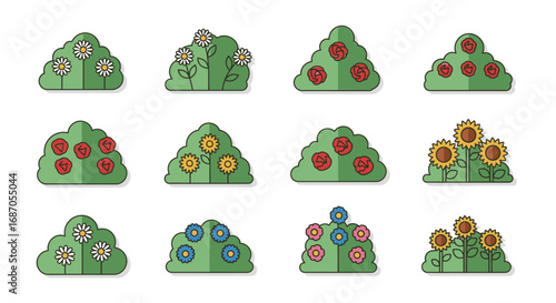 Collection of flowering bushes with green foliage for garden decoration