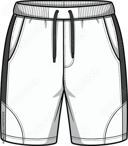 Men’s athletic shorts flat sketch, fashion cad drawing, vector template, sportswear design, technical illustration, drawstring waist apparel mockup