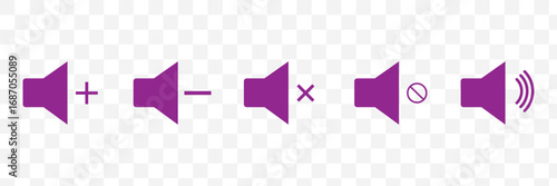 Speaker and Volume Control Icon Set – Sound On, Mute, and Audio Level Symbols for Media Player, App UI, and Web Interface – Vector and Transparent PNG