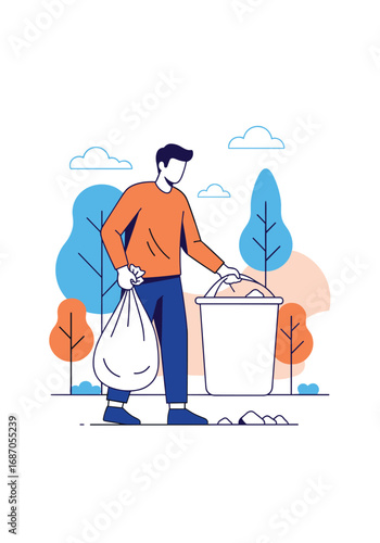 Man collecting garbage in park for environmental cleanliness and waste management