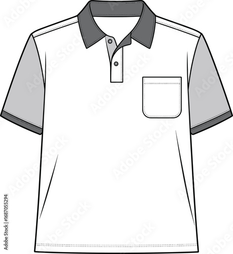Men's polo shirt with contrast collar and sleeves, casual wear, short sleeve, pocket detail, sporty design, flat CAD drawing, vector illustration