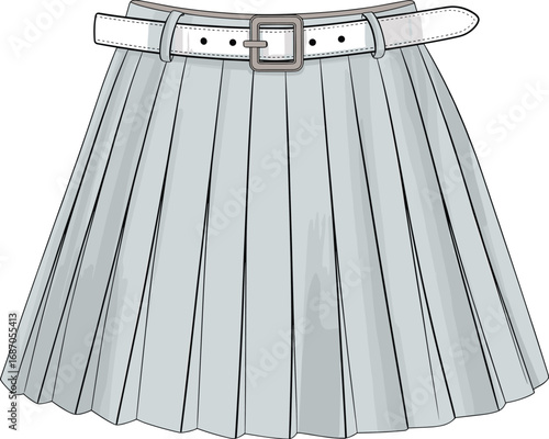 Pleated skirt with belt, fashionable women’s skirt, casual wear, elegant design, high waist skirt, flat CAD drawing, vector illustration
