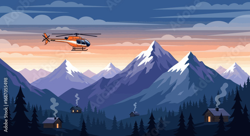 Dynamic illustration of an orange helicopter whisking over a serene mountain range with remote cabins nestled in pine forests during a colorful sunset or sunrise