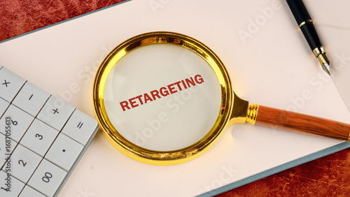 A magnifying glass highlights the word retargeting on paper, accompanied by a calculator and a pen, symbolizing marketing strategy and analytics analysis