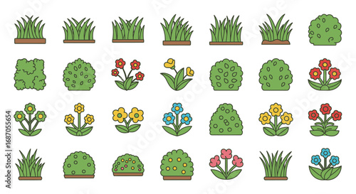 Vector Landscape Elements Colorful Shrubs Grass and Flowers