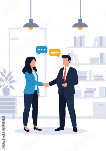 Business professionals shake hands in modern office setting representing partnership agreement success