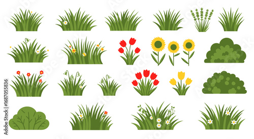 Green vegetation set fresh grass bushes and spring flower tufts vector design