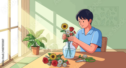 A young man arranging a beautiful bouquet of sunflowers and roses in a clear glass vase by a sunlit window, with gardening shears and other flowers nearby
