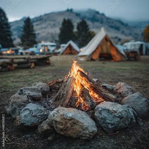 Cozy campfire glows at dusk, inviting adventure and relaxation
