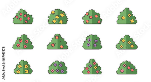 Bushes collection in flat style cartoon design with flowers and stars