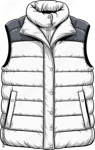 Stylish puffer vest jacket illustration, warm padded vest design, winter outerwear fashion, casual sleeveless jacket drawing, detailed vector art, quilted pattern, button closure, 
