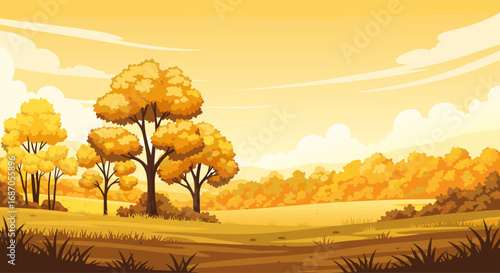 Golden Autumnal Landscape with Vibrant Trees and Grassy Plains Illustration
