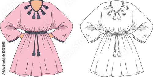 Vector illustration of two women's boho style dresses with tassels, long sleeves, belted waist, casual summer fashion, loose fit design, detailed CAD drawing, front view, 