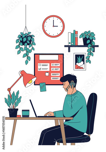 Young man working on laptop at home office with plants and clock on wall