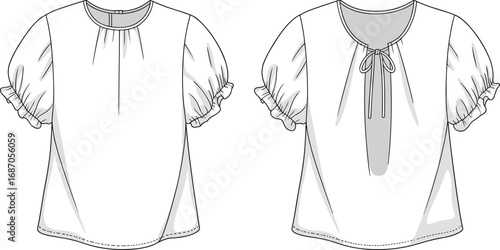 Vector illustration of two casual women's tops, puff sleeve blouse front and back views, summer fashion, ruffled sleeve design, loose fit, round neckline, tie detail, 