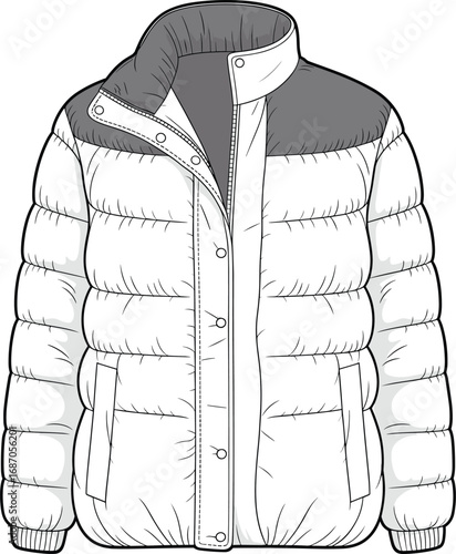 Warm puffer jacket illustration, winter coat, insulated outerwear, casual fashion, hoodless puffer jacket, cold weather clothing, vector CAD drawing, flat style design