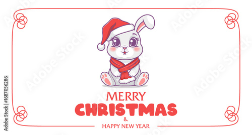 Vector cartoon cute lovely cuddly sitting little bunny wearing Santa Claus hat and red scarf. Merry Christmas and Happy New Year. Toon greeting card or flyer. Winter festive, white background