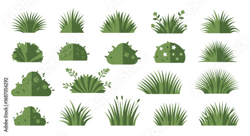 Assorted Green Garden Grass Tuft Illustrations on White Background