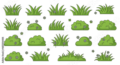 Cartoon Green Grass and Bush Clipart Icons Isolated on White Background