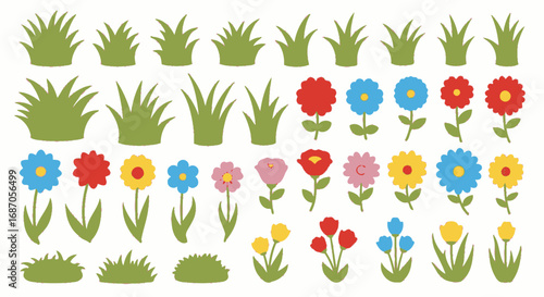 Illustrations of assorted cartoon flowers and grass tufts isolated on white