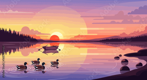 Serene Sunset Ducks on Calm Lake at Golden Hour