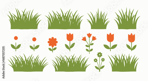 Ornamental spring grass bunches with red tulips pattern design
