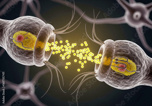 Synaptic Transmission Concept. Close-up 3D render of a synapse releasing glowing yellow neurotransmitters to another neuron.