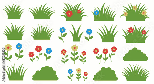 Collection of decorative green grass and flower elements spring nature design