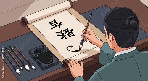 Illustration of a man practicing the ancient art of calligraphy, his hand guiding a brush with fluid, whisking strokes across a scroll