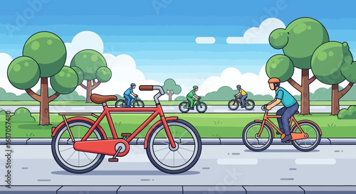 People enjoying a sunny day cycling leisurely on a scenic park path, embracing an active and healthy outdoor lifestyle with bicycles in a vibrant, illustrative setting