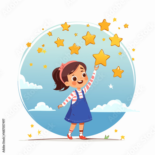 A happy girl reaching for golden stars against a light blue sky with clouds.