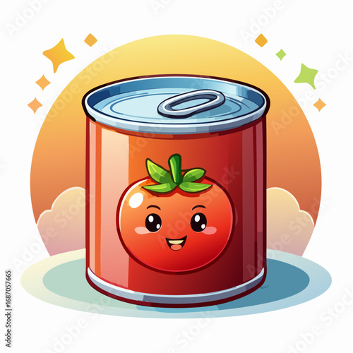 An adorable illustration of a kawaii-style tin can of tomatoes with a happy, smiling face on the label.