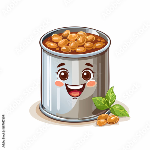 Cartoon illustration of a can of beans with a happy expression, featuring a smiling face and basil leaves.