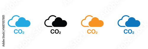 Four CO2 Emission Icons in Different Colors This image displays four distinct icons representing carbon dioxide (CO2) emissions.