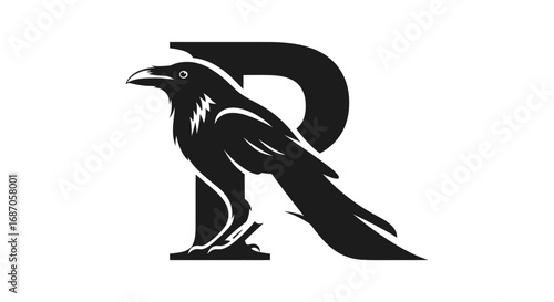 A bold black raven or crow silhouette integrated with the capital letter R, creating a powerful and striking logo design.