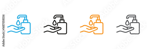 Four variations of hand sanitizer dispenser icons Four line art icons depicting hand sanitizer dispensers dispensing liquid onto a cupped hand.