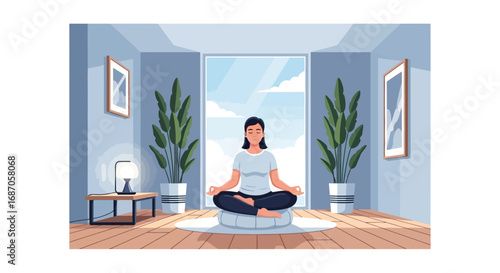 Serene Woman Meditating in a Bright Room with Large Windows and Green Plants, Promoting Calmness and Mindfulness