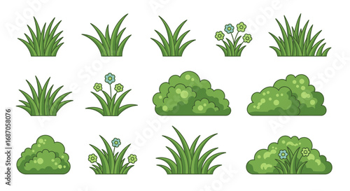 Green decorative grass and bushes cartoon vector illustrations set