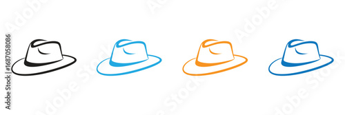 Four Color Variations of a Fedora Hat Silhouette Simple, stylized silhouettes of fedoras in four different colors (black, blue, orange, and a slightly different shade of blue) against a plain white