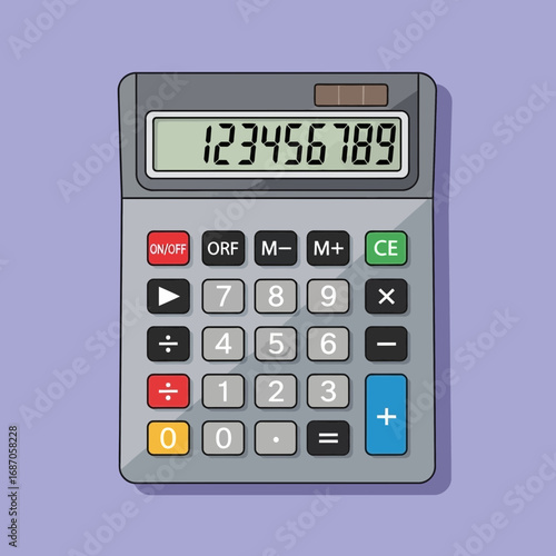 An essential modern electronic calculator is vibrantly illustrated, featuring a clear digital display and various function buttons, ideal for mathematical and financial tasks.