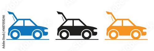 Three Simple Car Icons with Open Trunks Three stylized car icons, in blue, black, and orange, featuring open trunks.