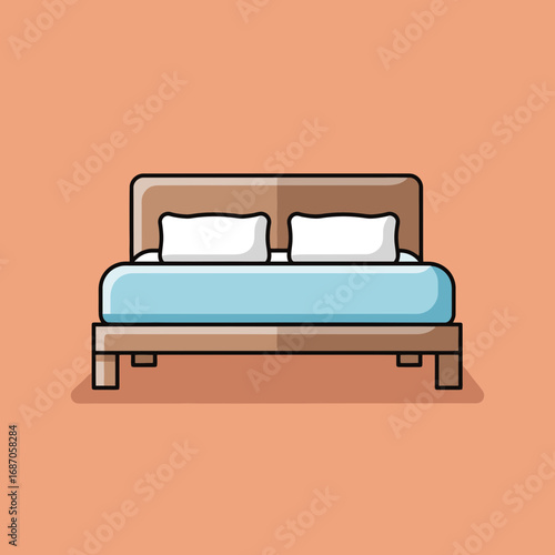 A vector illustration of a bed with a wooden headboard, two pillows, and a blue blanket, conveying comfort, rest, and a peaceful home environment.
