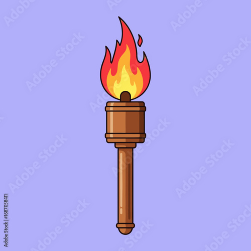A vibrant cartoon illustration depicts a classic wooden torch with a bright, flickering orange and red flame, symbolizing light, guidance, and ancient traditions.