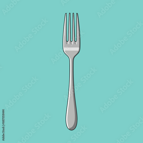 A sleek, modern silver dining fork stands upright against a vibrant teal background, presented as a clean, isolated vector illustration for various design projects.