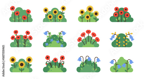 Cute Vector Flowerbed Set with Poppies Sunflowers and Bluebells
