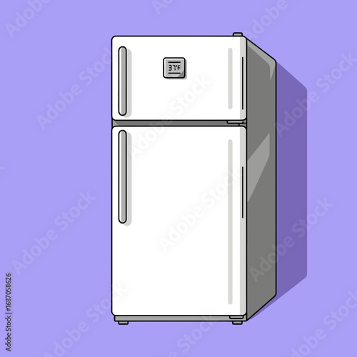 A modern, white, two-door refrigerator rendered in a clean flat design illustration with a contemporary long shadow, isolated on a vibrant purple background.