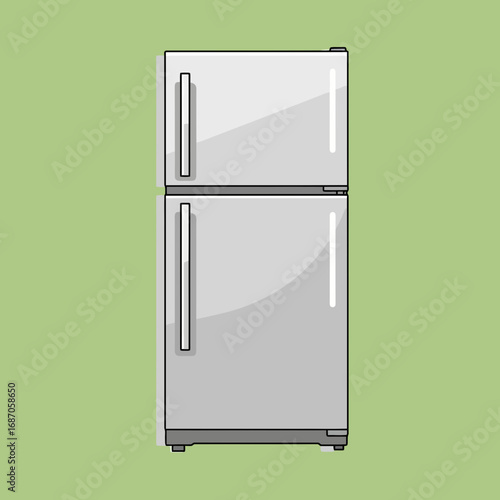 A sleek, two-door silver refrigerator stands upright, symbolizing essential kitchen technology for efficient food preservation and modern domestic convenience.