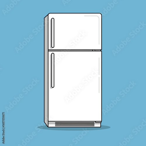 A clean, modern white two-door refrigerator, depicted in a minimalist flat design vector illustration against a solid blue background, representing essential home kitchen technology.