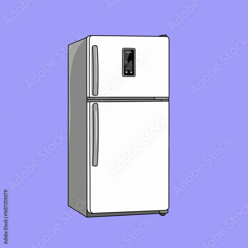 A sleek, modern white two-door refrigerator, complete with a digital display, is isolated on a lavender background, representing contemporary kitchen appliances.