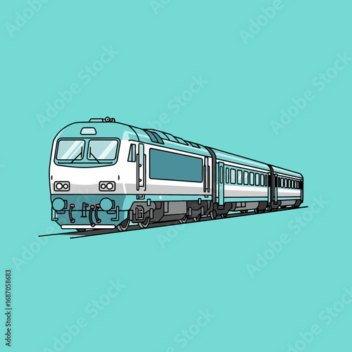 A sleek, modern passenger train in a vibrant light blue and white color scheme, depicted in a clean, stylized vector illustration, perfect for various design projects.